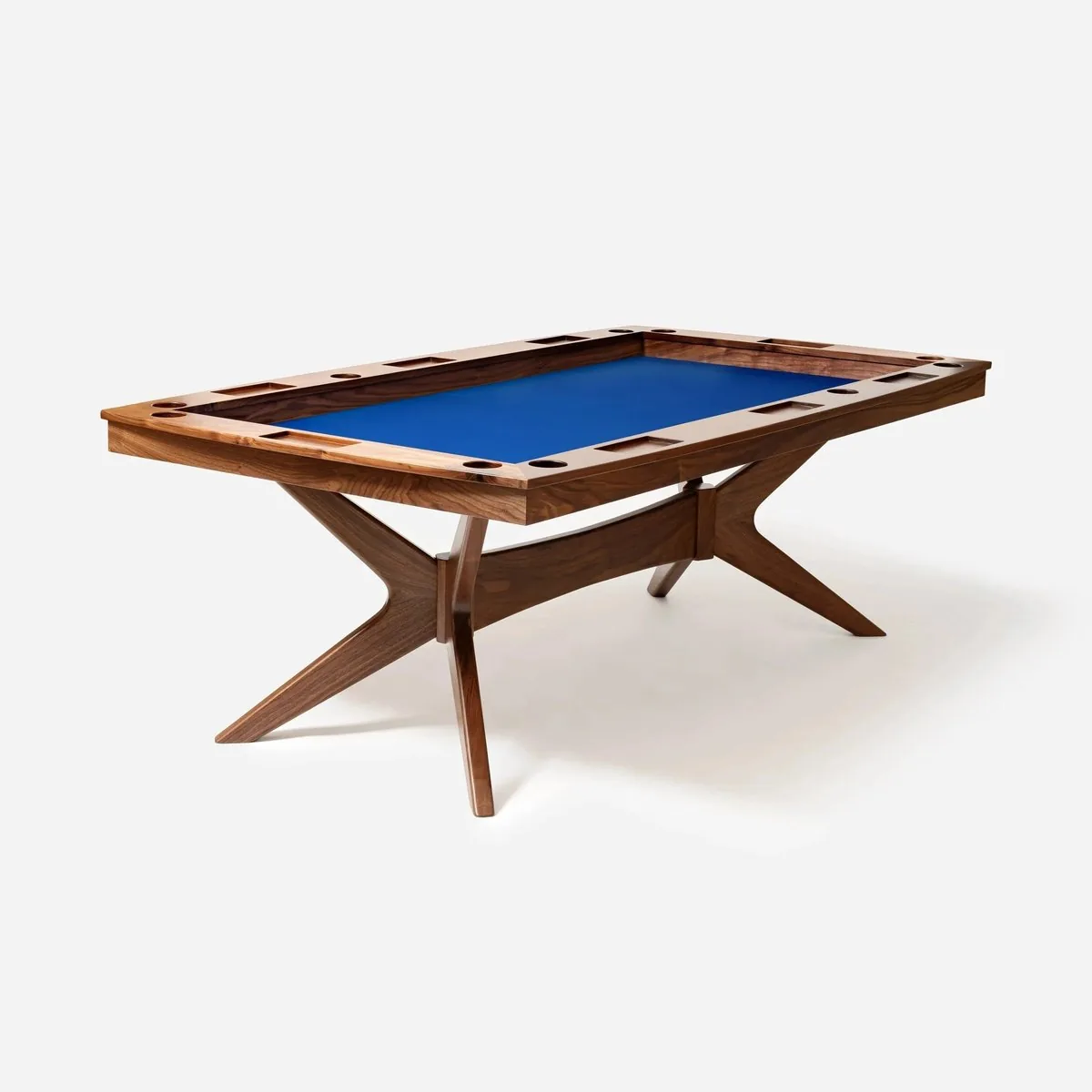 A walnut gaming table with a recessed felt playing surface, built by Sustar Woodworks.